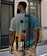 Big & Tall Men's Blue Colorblock Geometric Stripe Printed Henry Collar Button Short Sleeve Tee